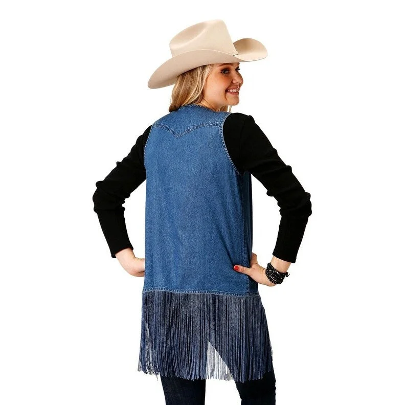 Roper Western Vest Womens Denim Fringe Open Blue 03-074-0594-6116 BU